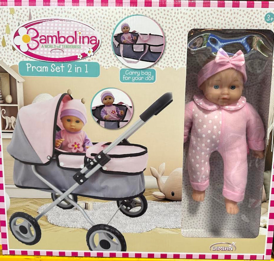 Bambolina Pram and Doll 2 in 1 Set