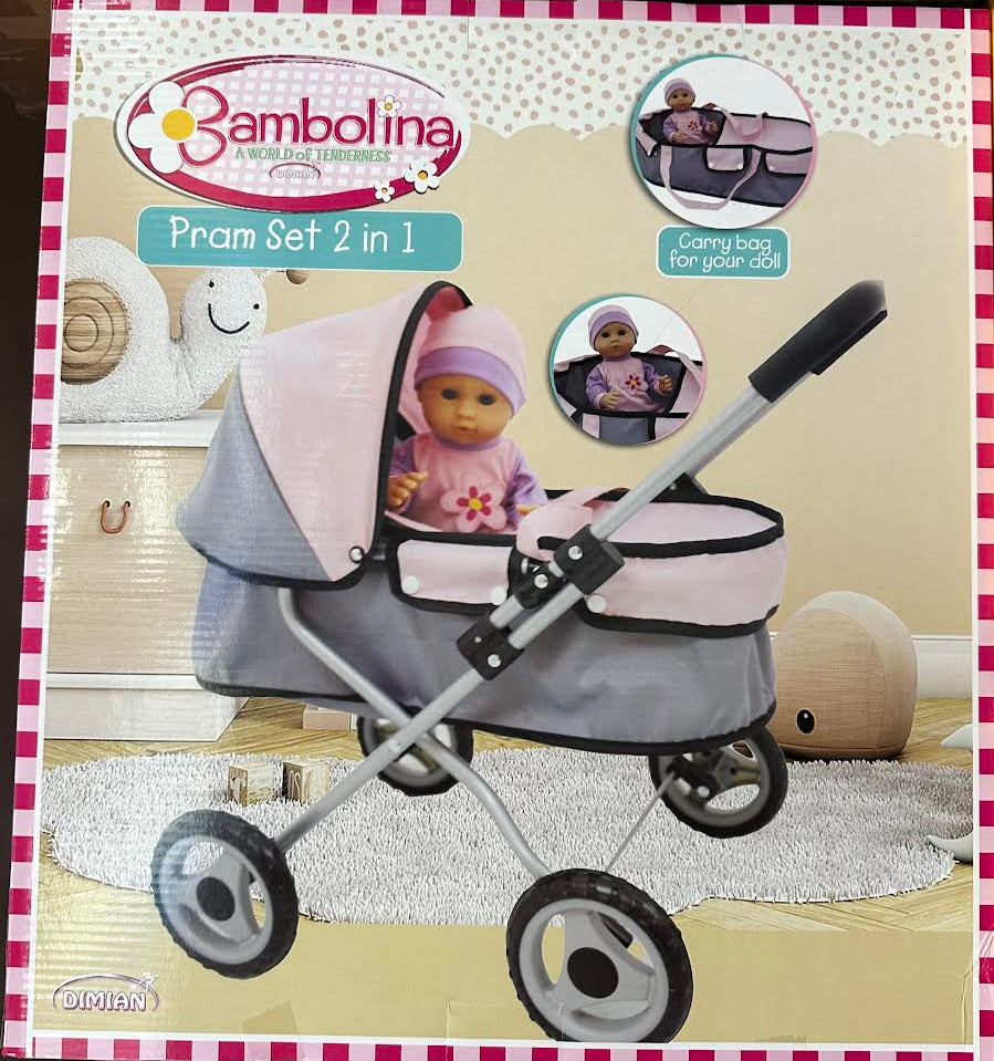 Bambolina Pram and Doll 2 in 1 Set