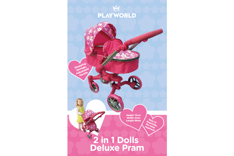 Playworld Deluxe 2 in 1 Doll Pram Pink with Flowers