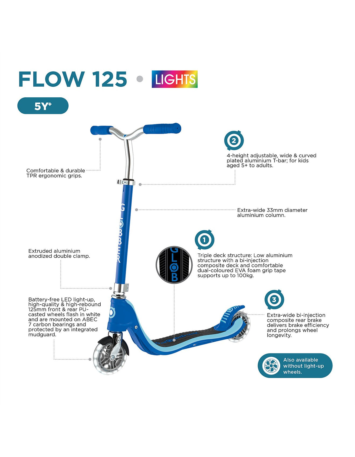 Globber Flow 125 Scooter Light Up Wheels NAVY BLUE