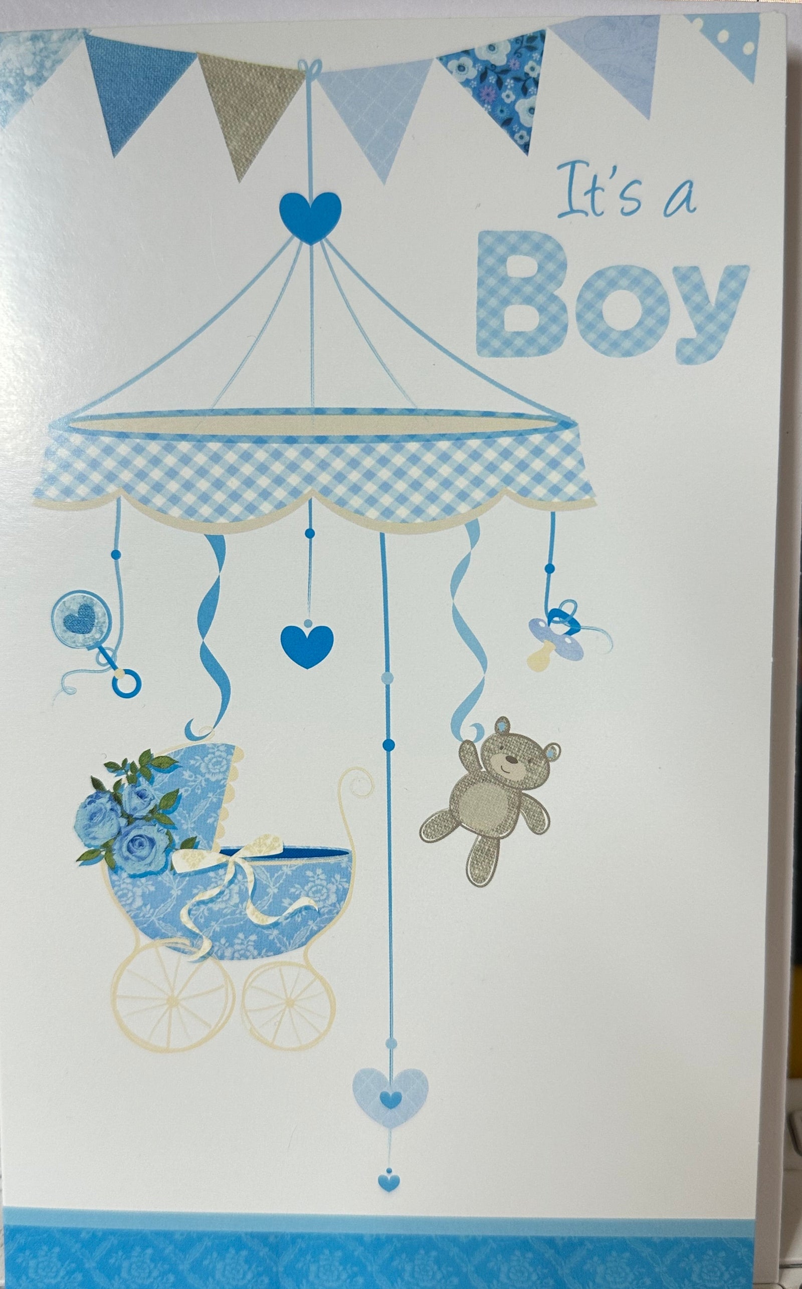 Baby Card - It's A Boy Pram and Teddy Mobile