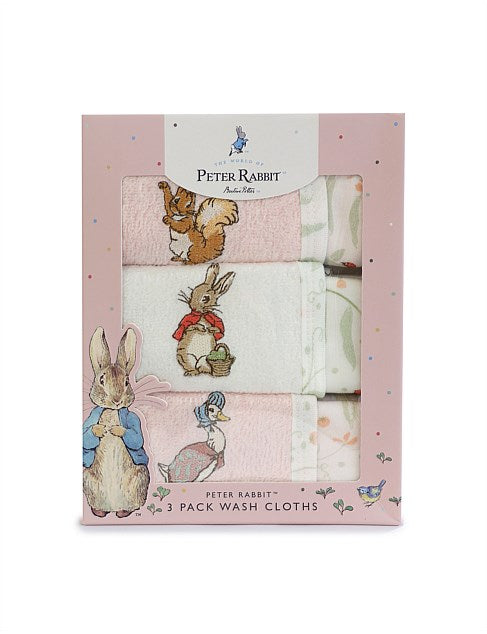 Bubba Blue Peter Rabbit Flopsy, Mopsy & Cottontail 3pk Face Washers Pink