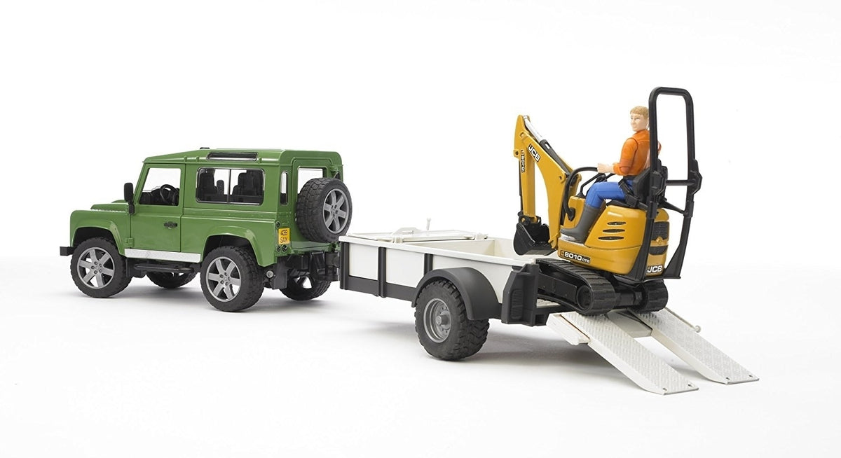 Bruder 02593 1/16 Land Rover Defender W/1 Axle Trailer JCB Micro Excavator