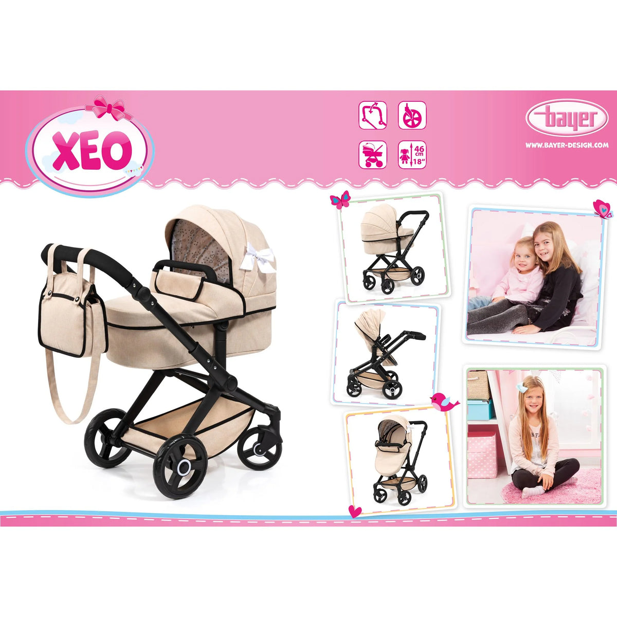 Bayer Doll Pram Xeo Beige with Black Frame and Trim