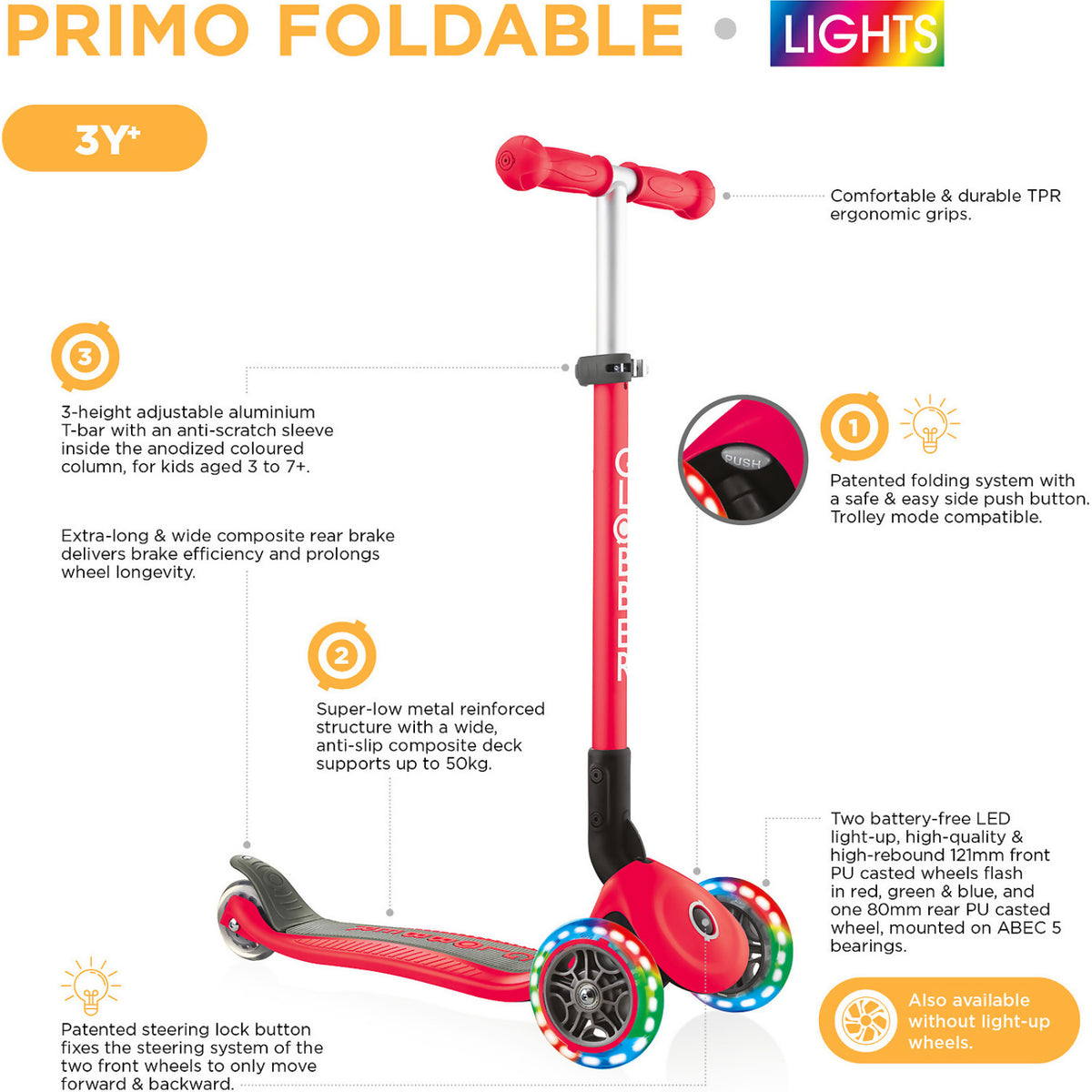 Globber Primo Foldable Lights 3 Wheel Scooter RED / DARK RED