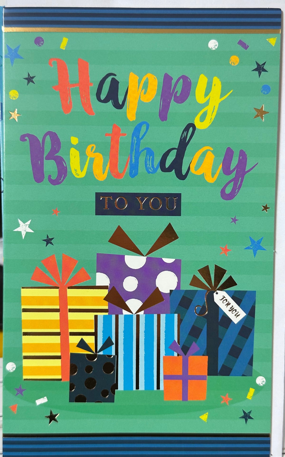 Birthday Card Happy Birthday To You Green Stripes with Presents