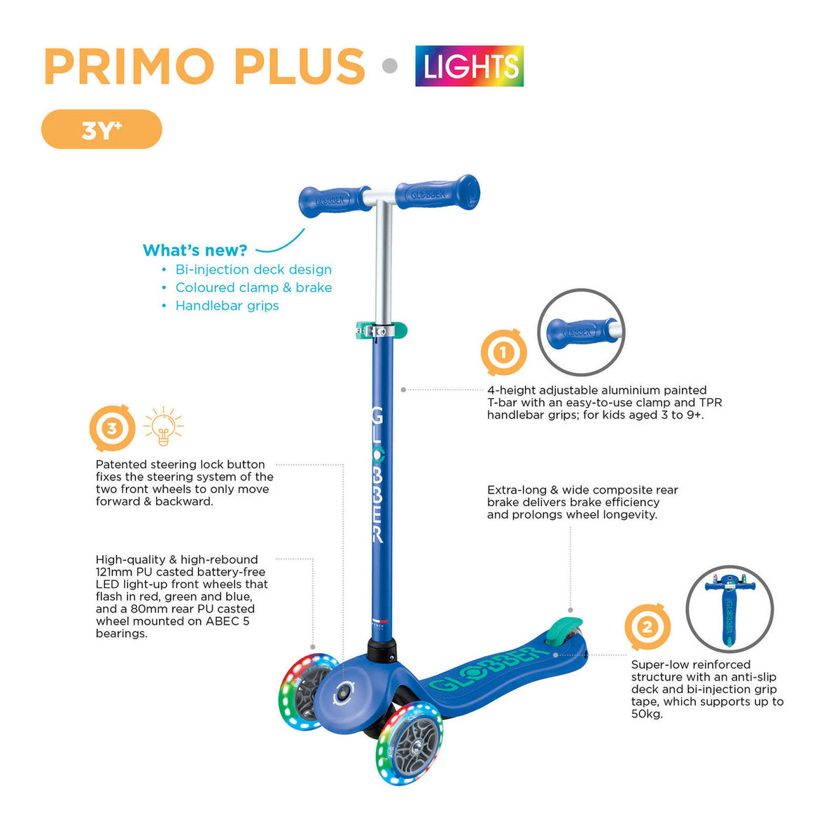 Globber Primo PLUS Lights 3 Wheel Scooter EMERALD GREEN / NAVY
