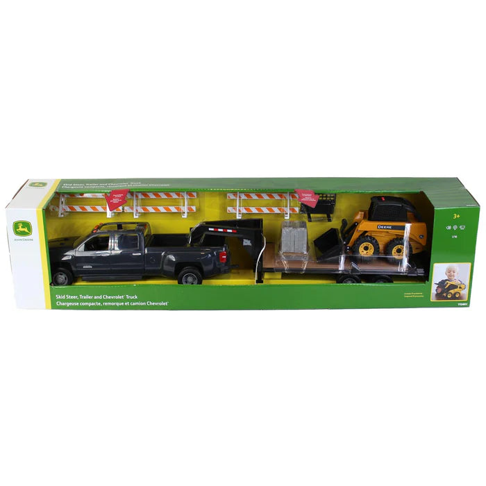 John Deere Construction Set with Accessories Skid Steer, Trailer and Chevrolet Truck
