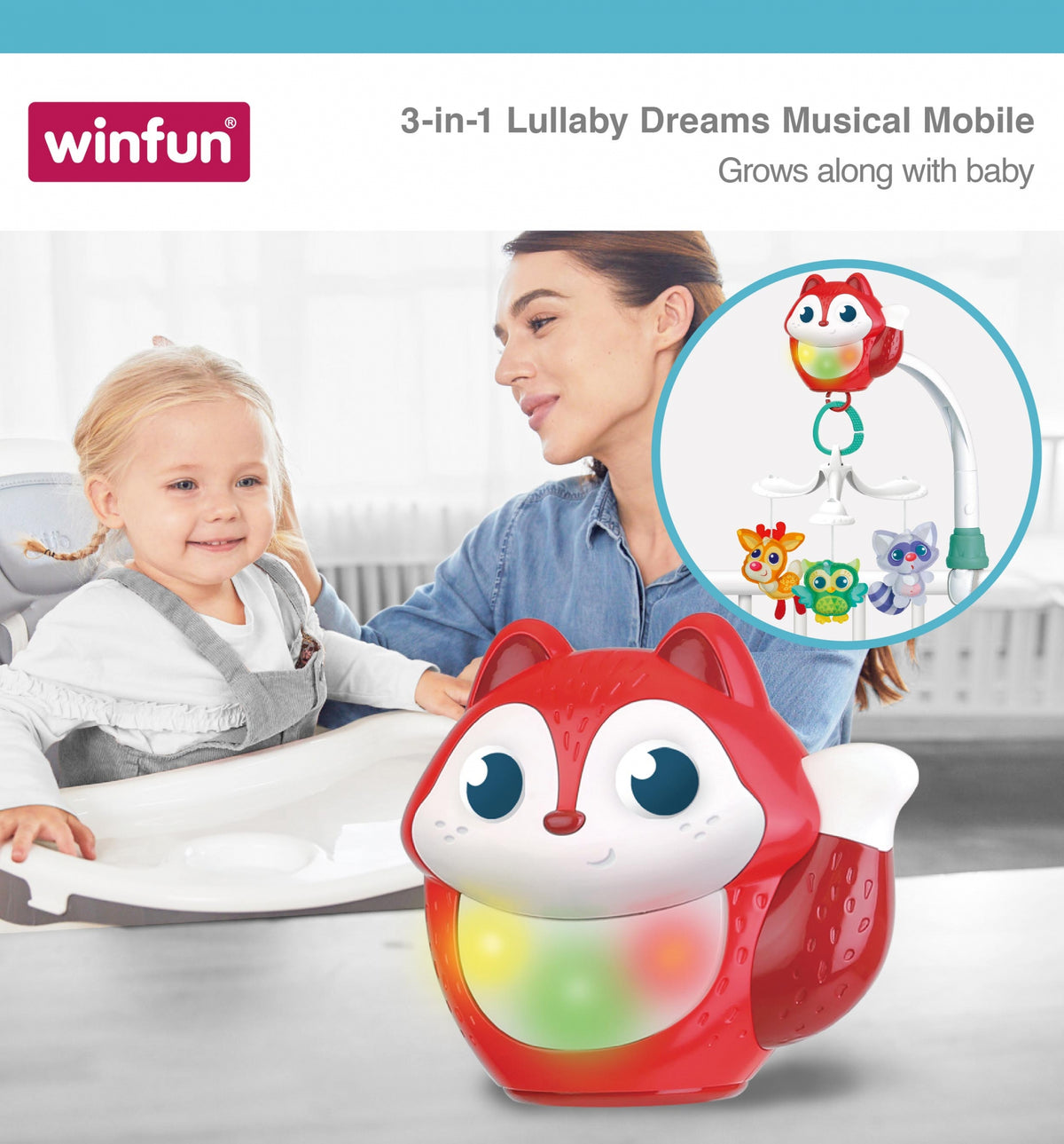 Winfun 3in1 Lullaby Dreams Musical Mobile Woodland Pals Req 2 AA Batteries