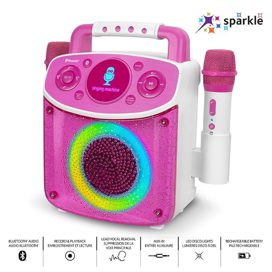 Singing Machine Mini Sparkle Pink Bluetooth Karaoke System + 2 Microphones