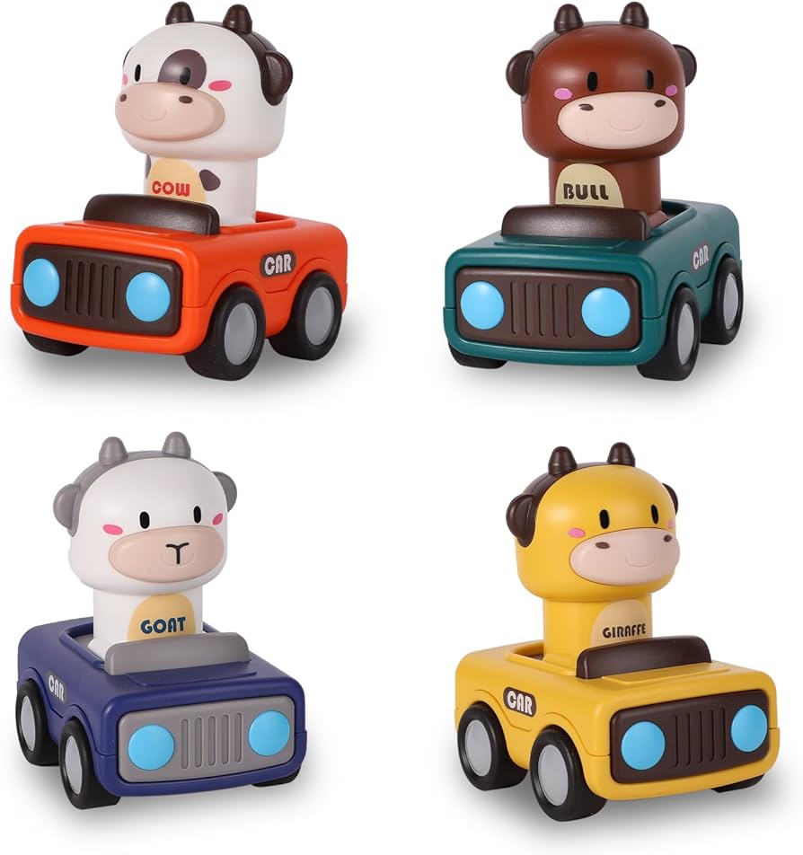 Press &amp; Go Racing Cars Assorted - Cow, Bull, Giraffe, Goat