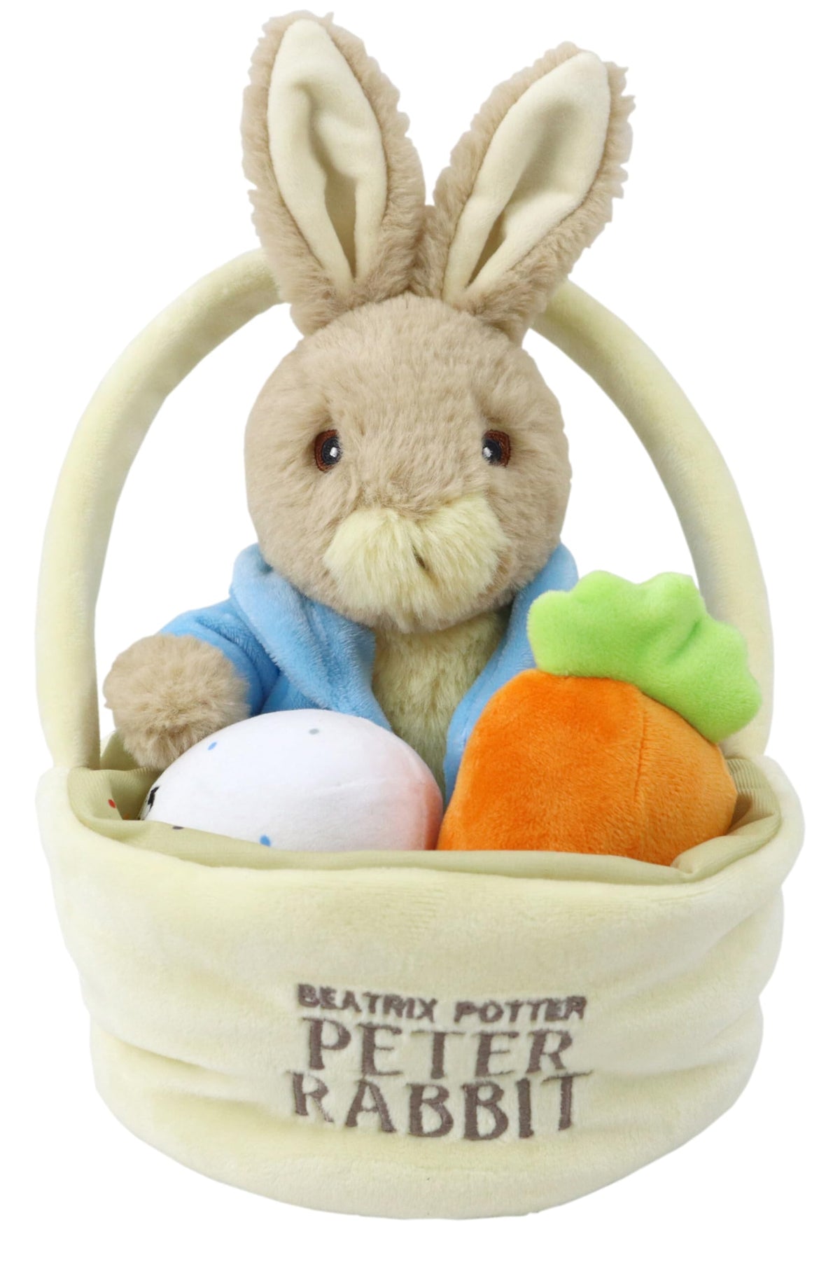Resoftables Peter Rabbit 9" Plush in Basket with Carrot and Egg Rattle