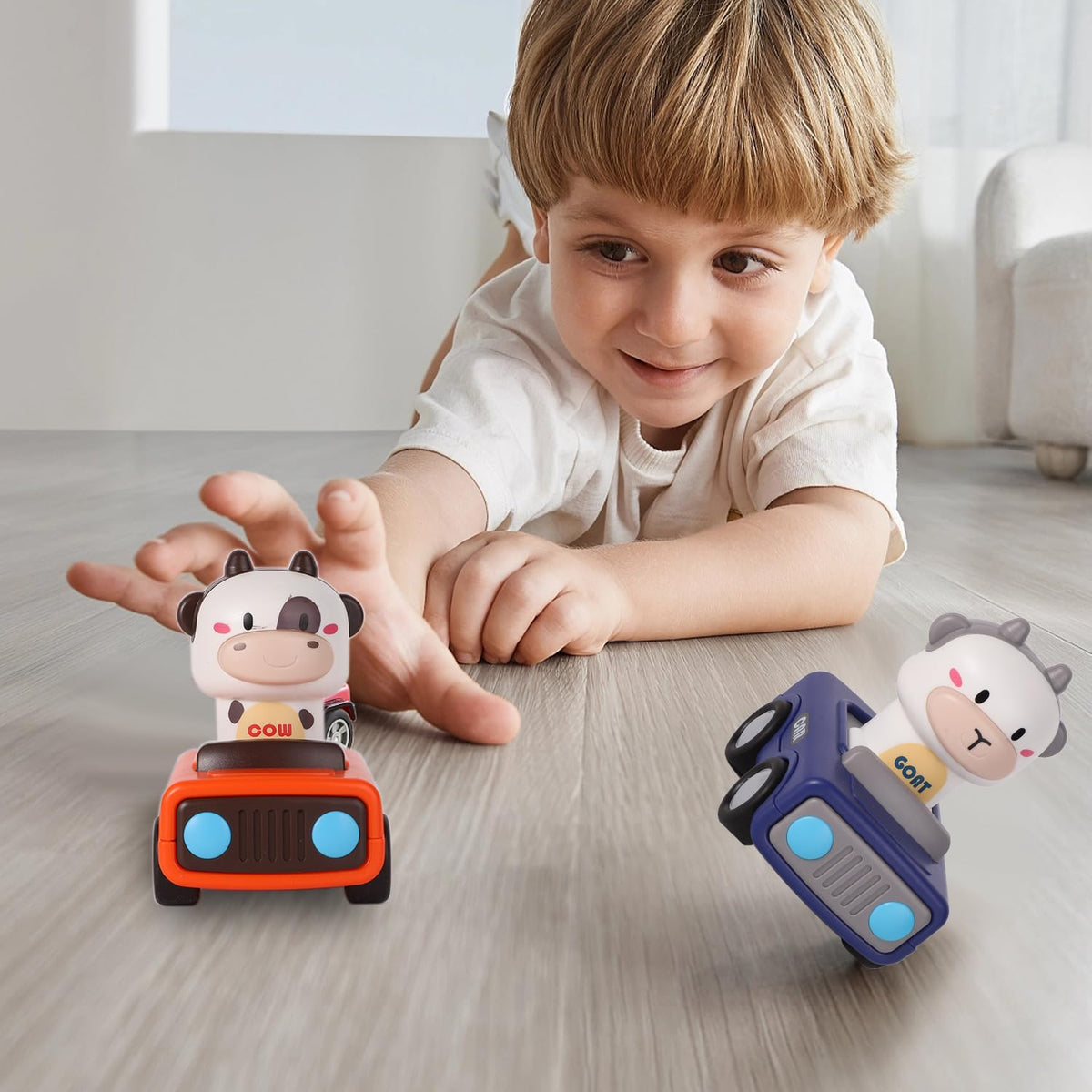 Press &amp; Go Racing Cars Assorted - Cow, Bull, Giraffe, Goat