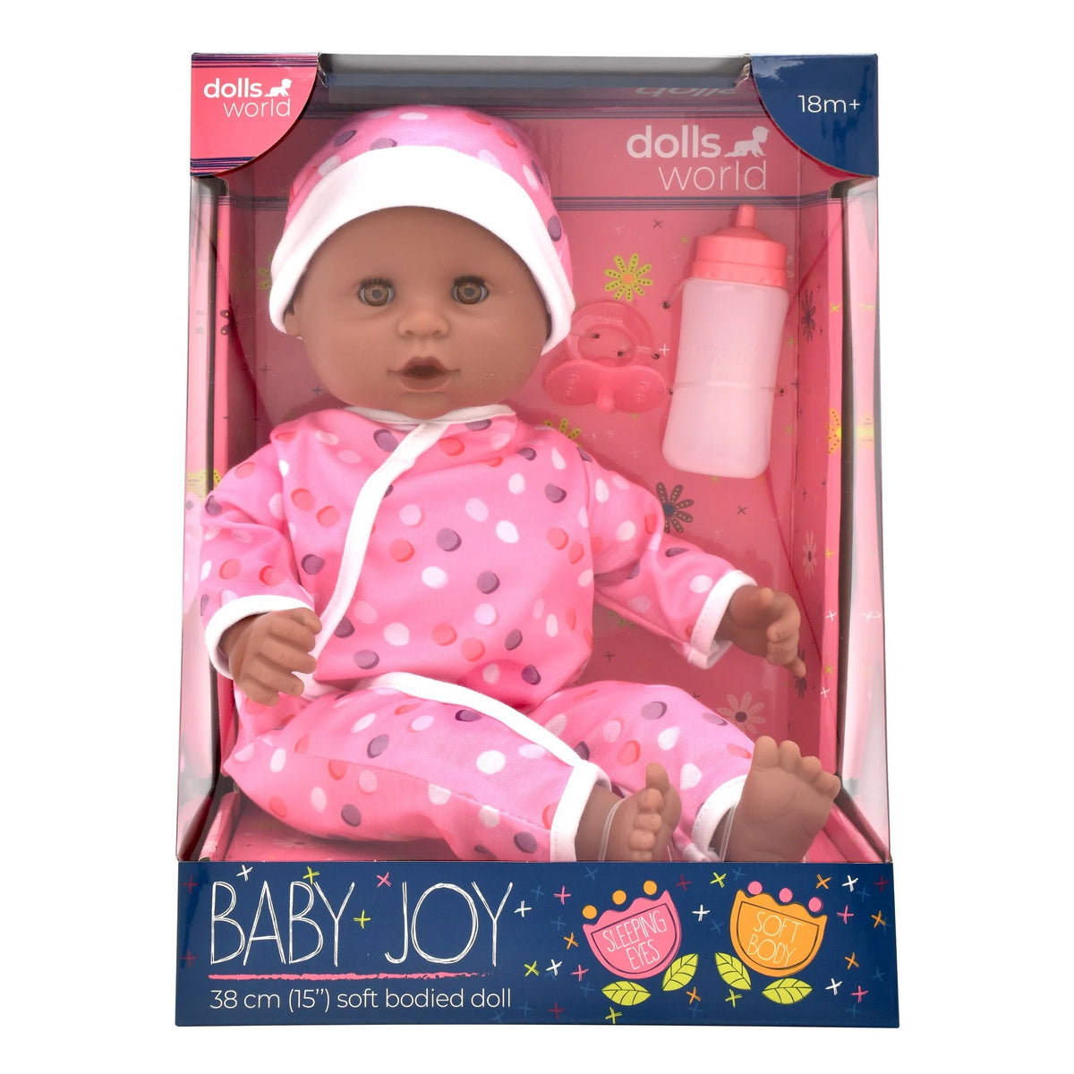 Dolls World Soft Body Baby Joy 38cm (15") - Pink Romper with Spots