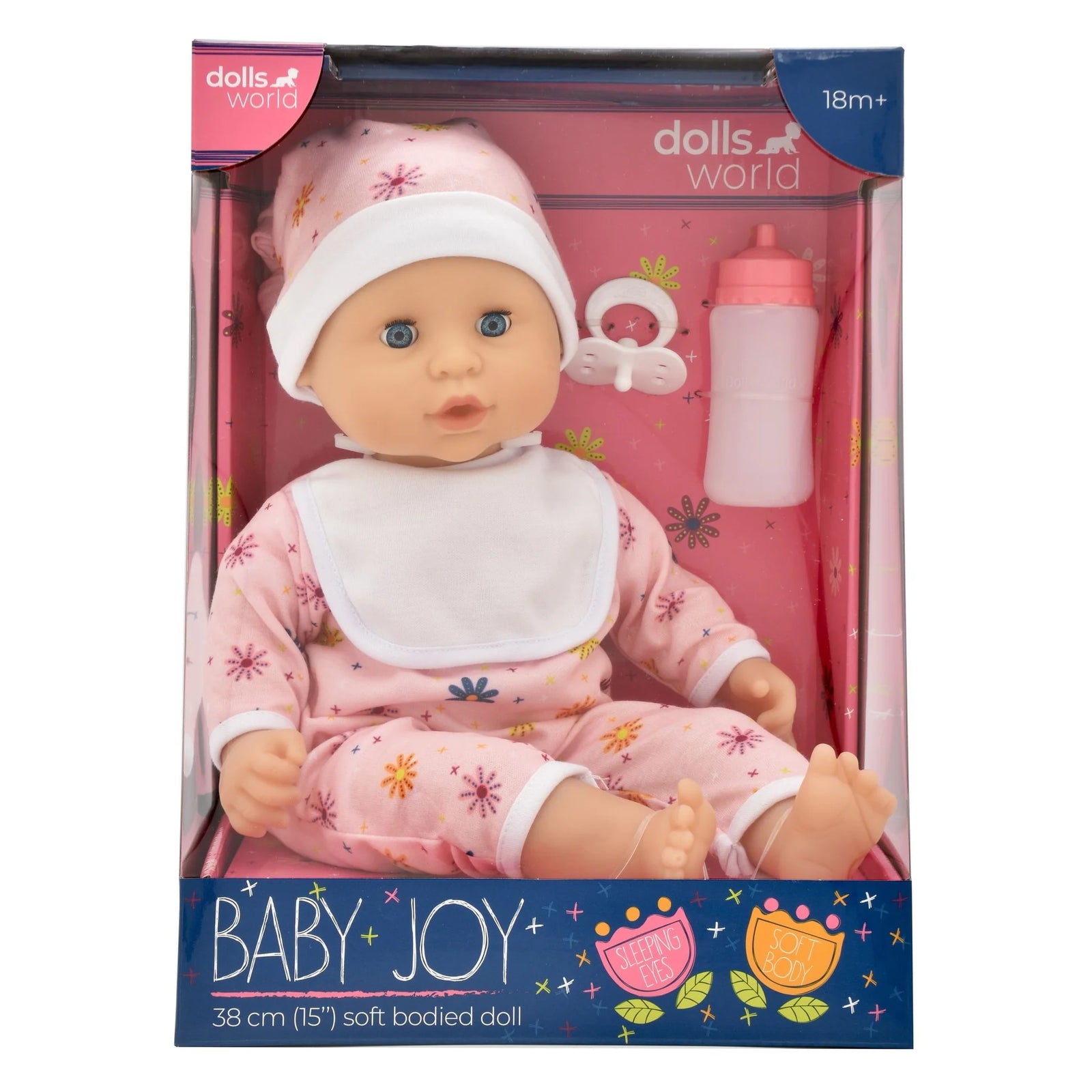 Dolls World Soft Body Baby Joy 38cm (15") - Pink Romper with Flowers and Bib