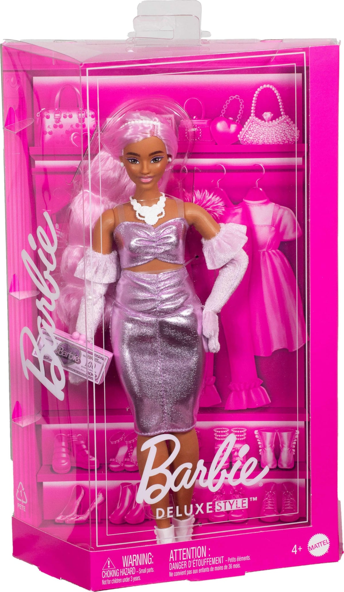 Barbie Deluxe Style 11&quot; Doll #1 in Glossy Pink Barbiecore Dress with Velvet Gloves, Pink Hair