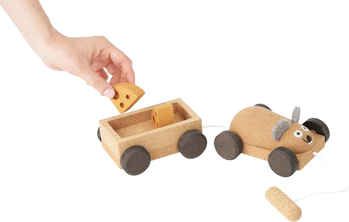 Elou Pull Along Cork Mouse and Trailer with Cheese