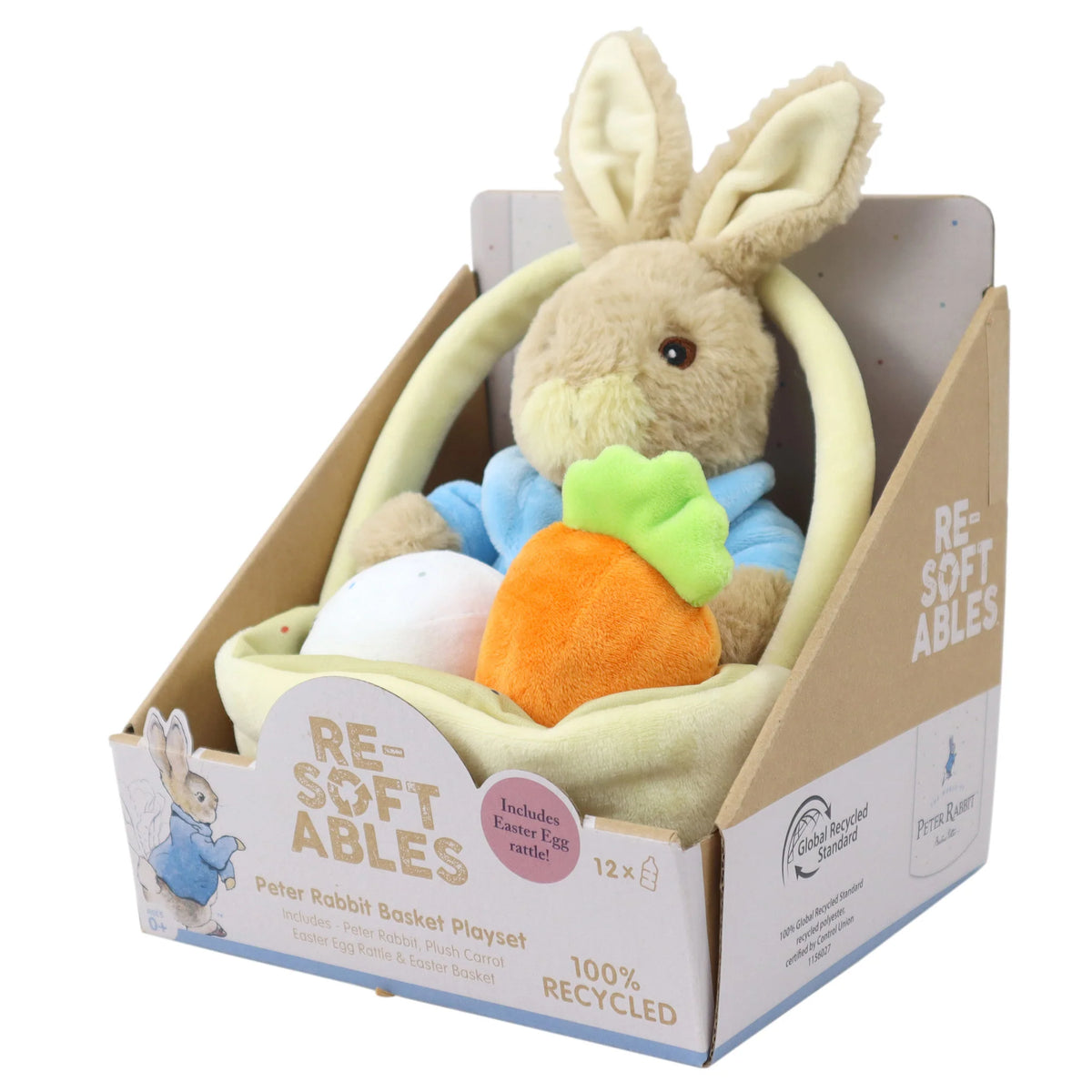 Resoftables Peter Rabbit 9" Plush in Basket with Carrot and Egg Rattle