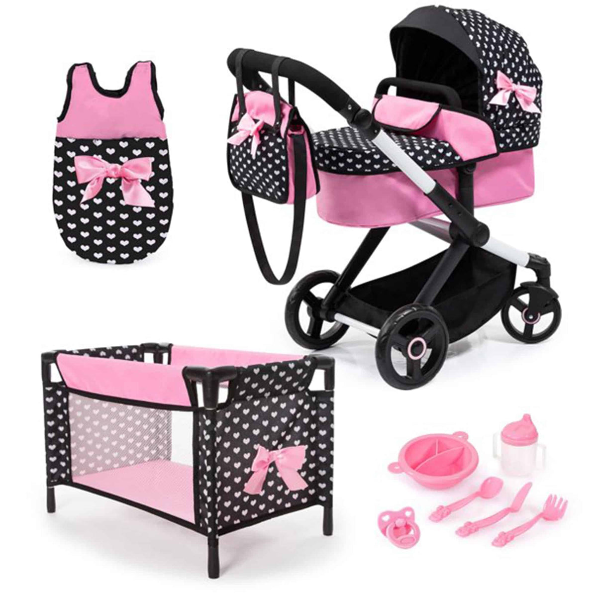 Bayer Doll Pram Xeo Mega Set Pink with Black Hood &amp; Pink Bow