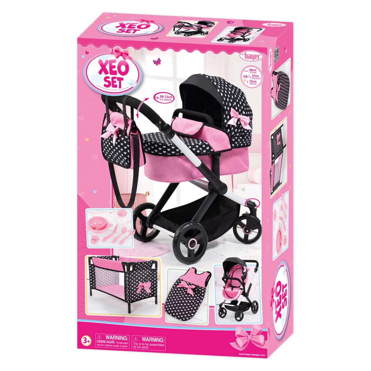 Bayer Doll Pram Xeo Mega Set Pink with Black Hood &amp; Pink Bow