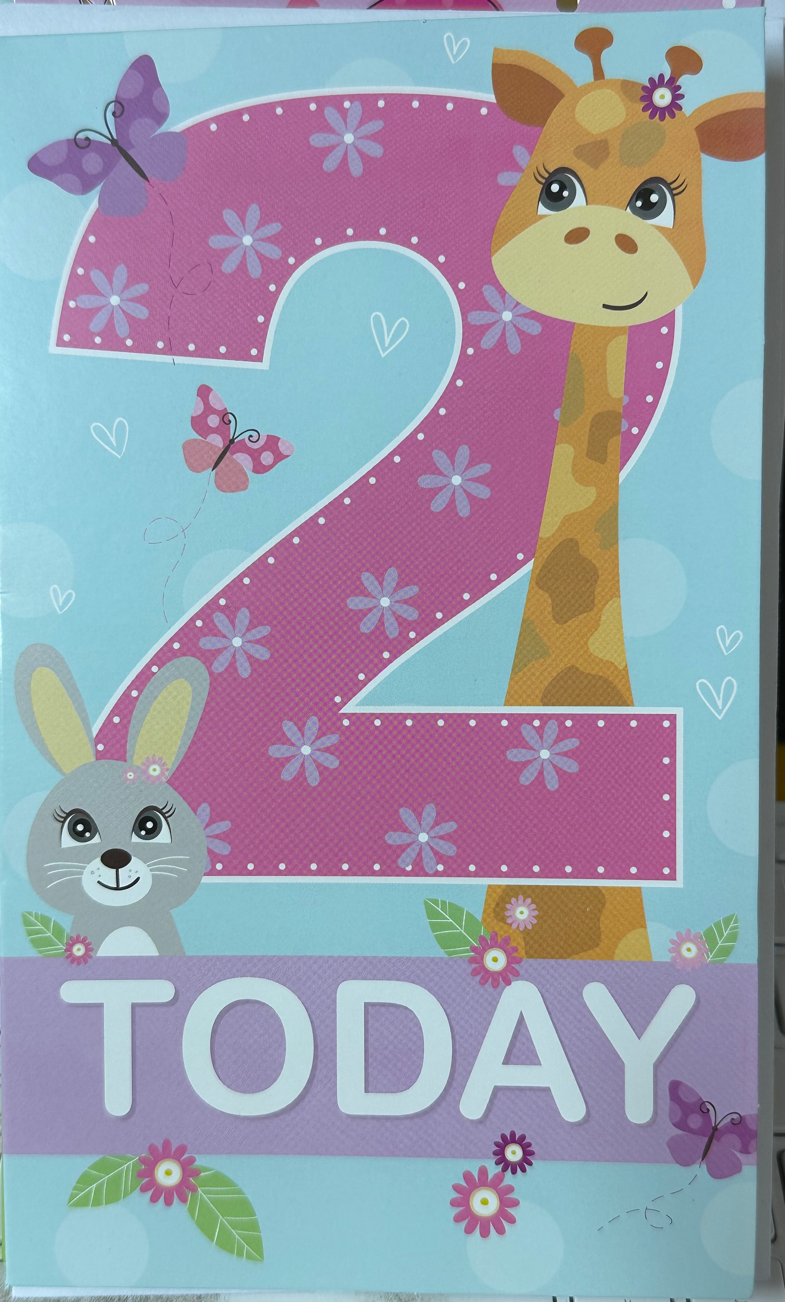 Birthday Card Age 2 Girl Giraffe Rabbit Flowers