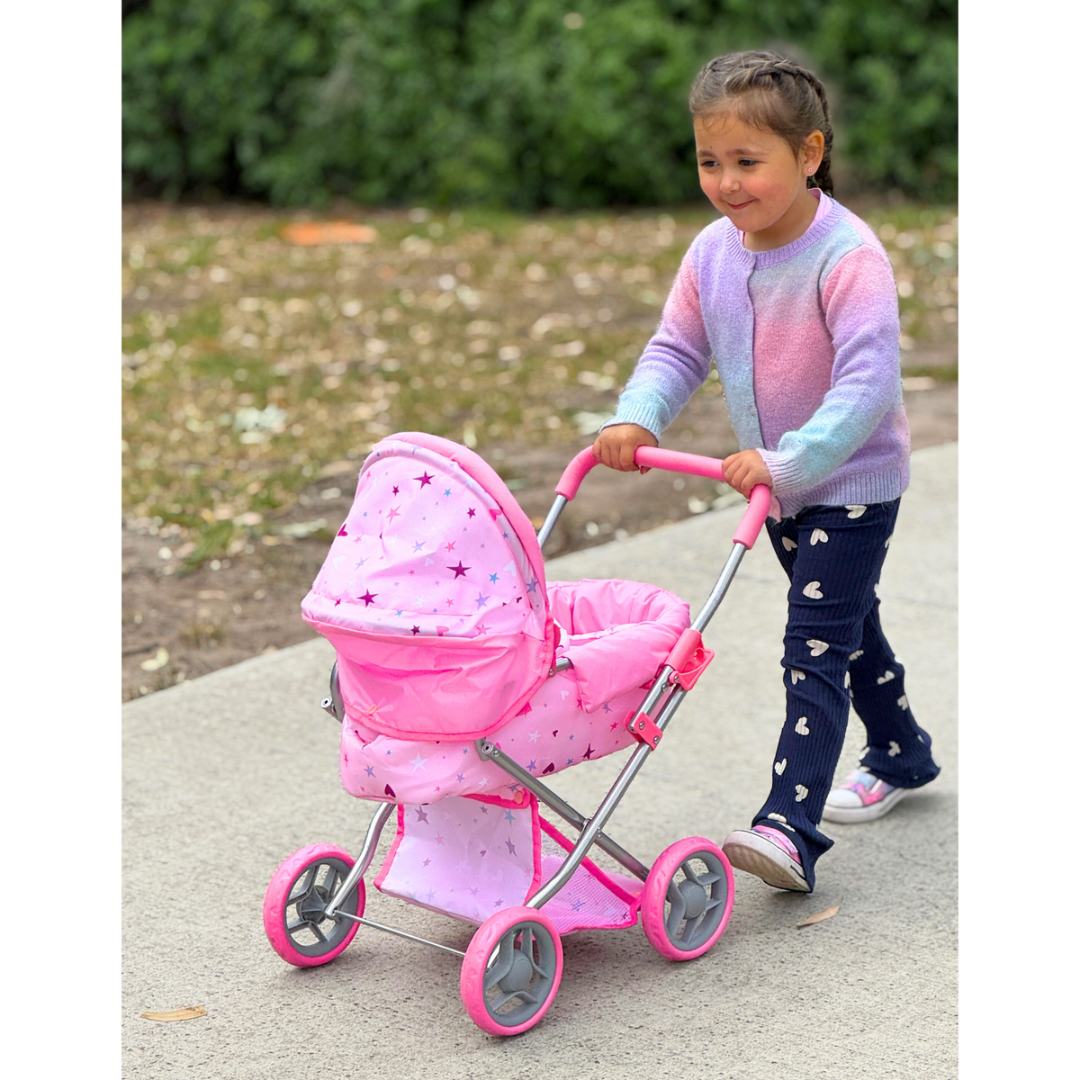 Playworld Medium Dolls Pram Pink with Stars Design