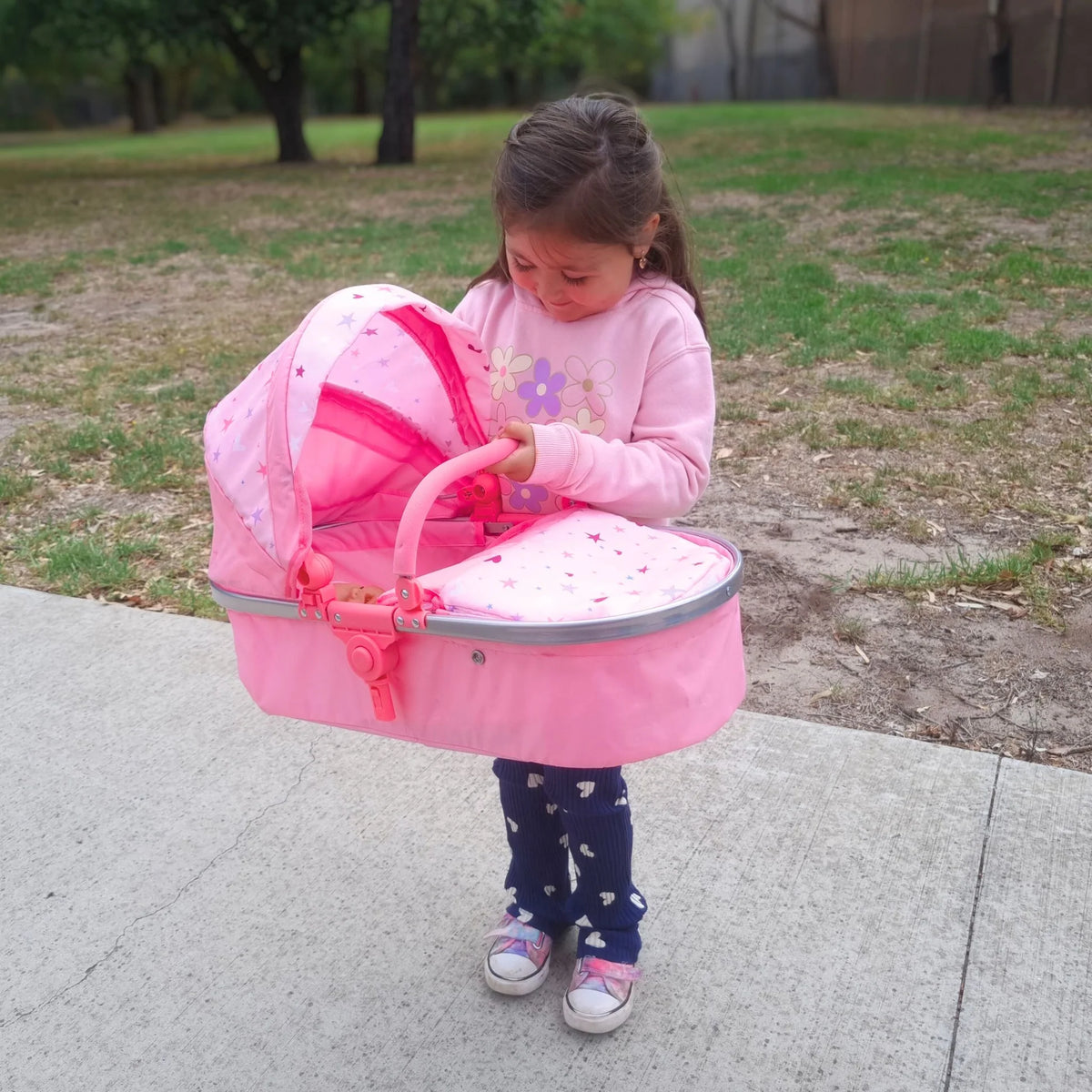 Playworld Deluxe 2 in 1 Doll Pram Pink with Stars and Hearts