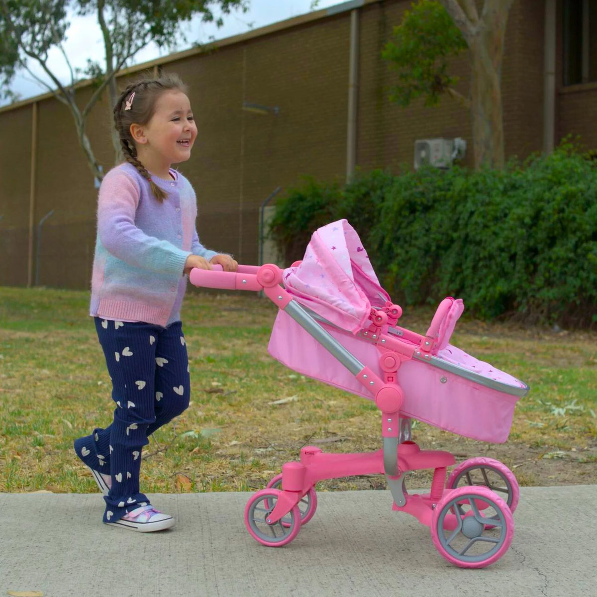 Playworld Deluxe 2 in 1 Doll Pram Pink with Stars and Hearts