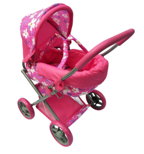 Playworld Medium Dolls Pram Pink with Flowers