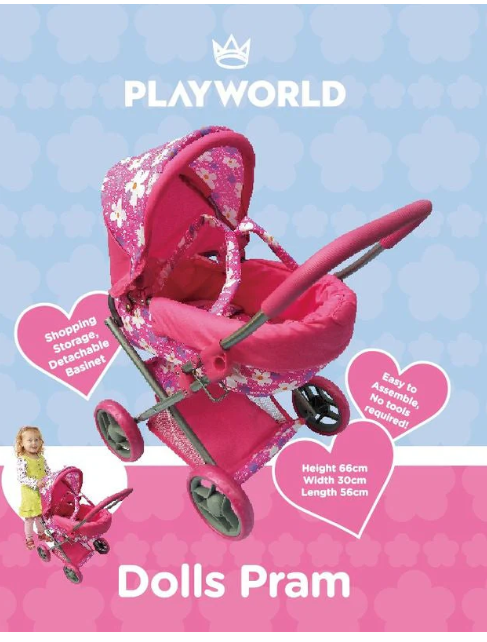 Playworld Medium Dolls Pram Pink with Flowers