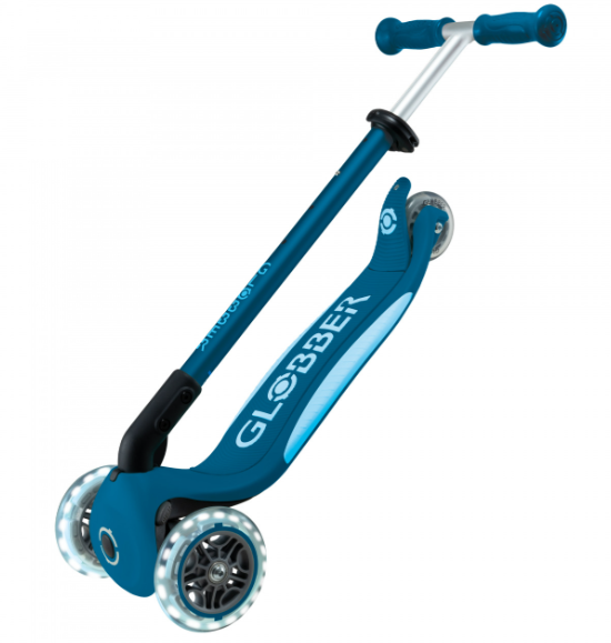 Globber Primo PLUS V2 Foldable Lights 3 Wheel Scooter PETROL BLUE / LIGHT BLUE