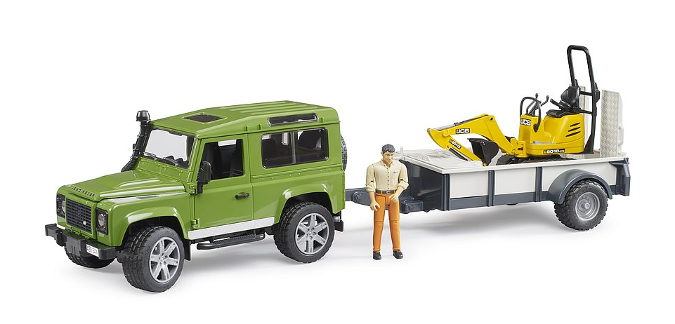 Bruder 02593 1/16 Land Rover Defender W/1 Axle Trailer JCB Micro Excavator