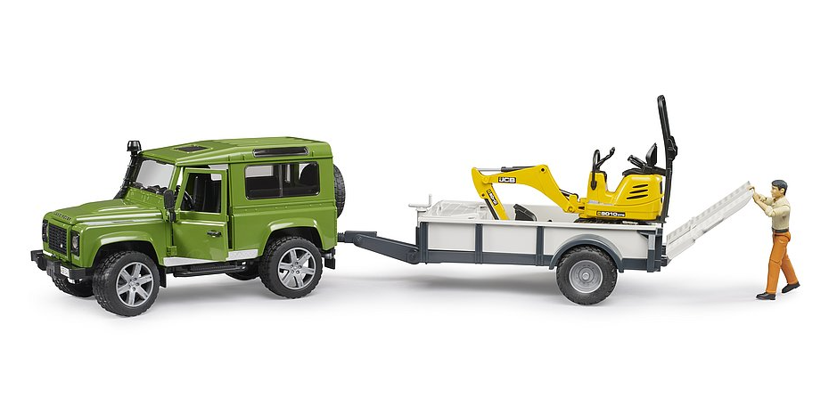 Bruder 02593 1/16 Land Rover Defender W/1 Axle Trailer JCB Micro Excavator