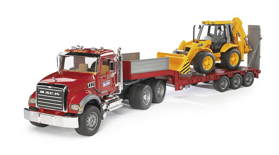 Bruder 02813 Mack Granite Low Loader with Backhoe Loader