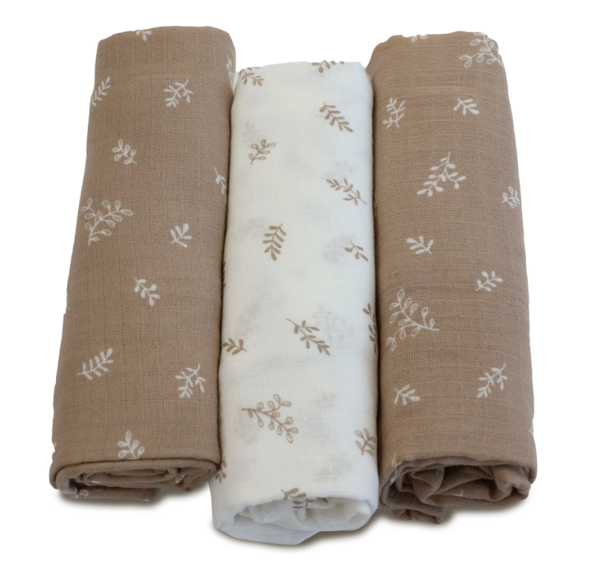 Bubba Blue Organic Cotton 3pk Muslin Wraps Chestnut