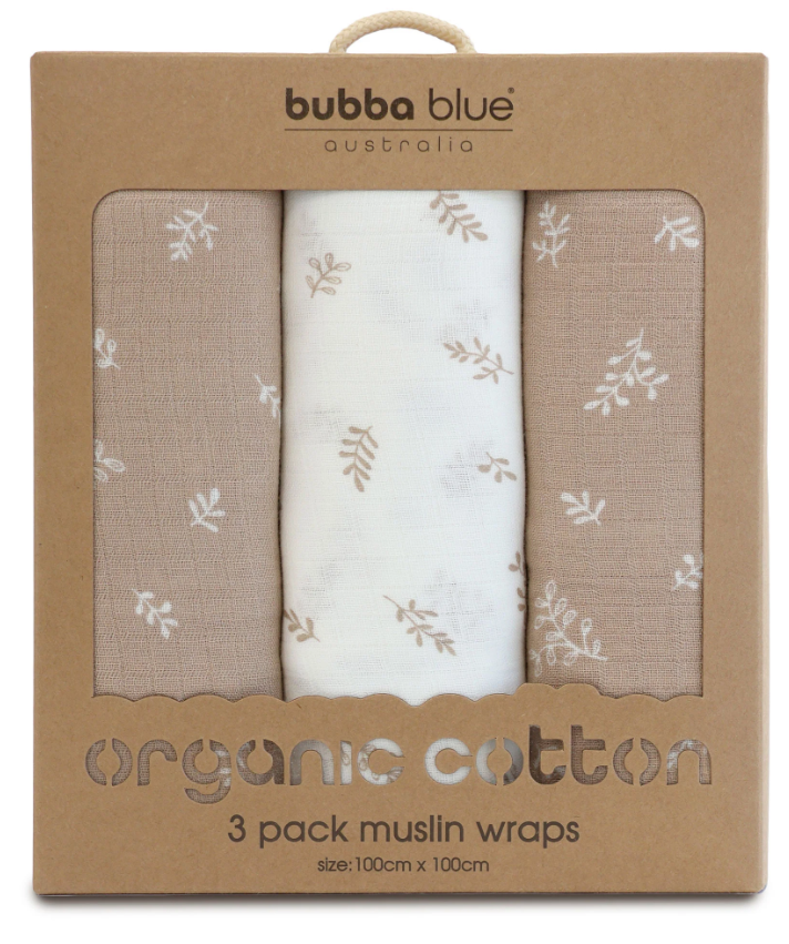 Bubba Blue Organic Cotton 3pk Muslin Wraps Chestnut