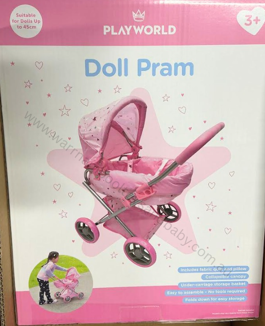 Playworld Medium Dolls Pram Pink with Stars Design