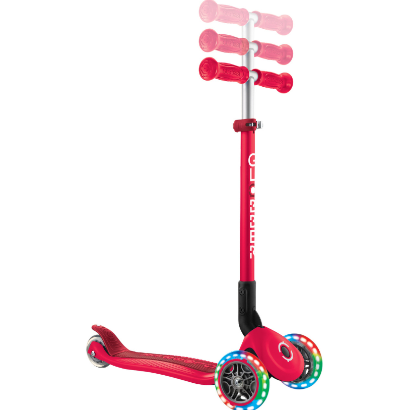 Globber Primo Foldable Lights 3 Wheel Scooter RED / DARK RED