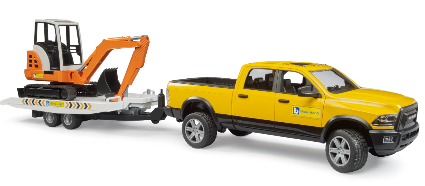 Bruder 02546 Ram 2500 Power Wagon Rental Service w'Trailer & Mini Excavator
