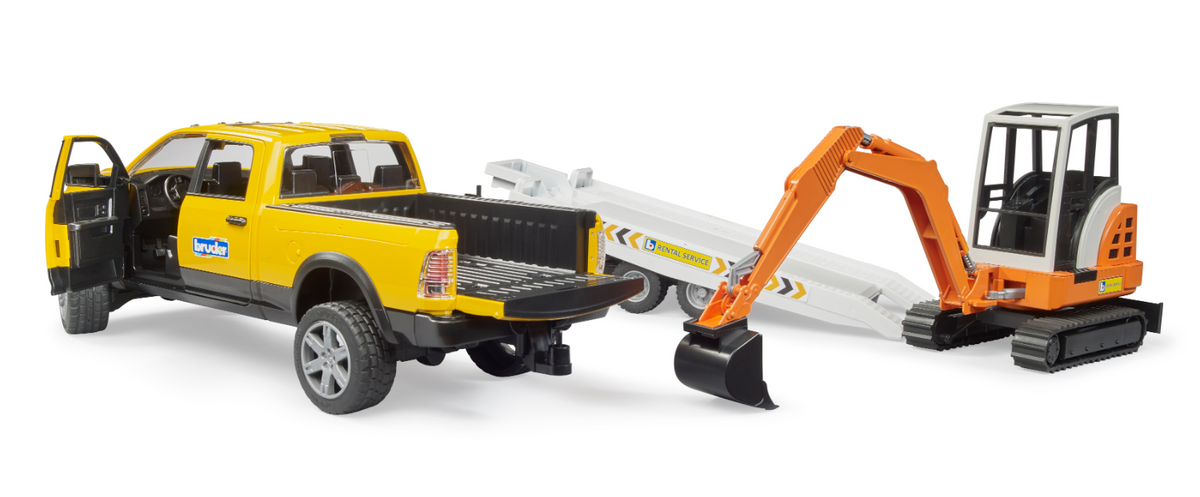 Bruder 02546 Ram 2500 Power Wagon Rental Service w'Trailer &amp; Mini Excavator