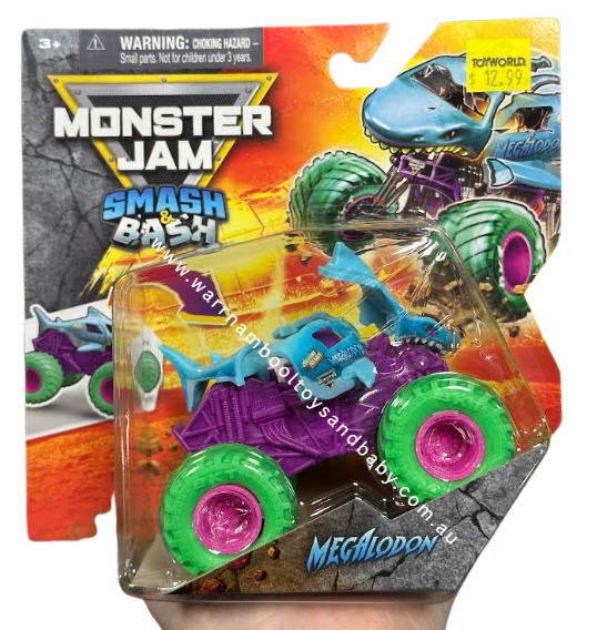 Monster Jam 1/64 Smash &amp; Bash Vehicle - Megalodon with green/pink wheels