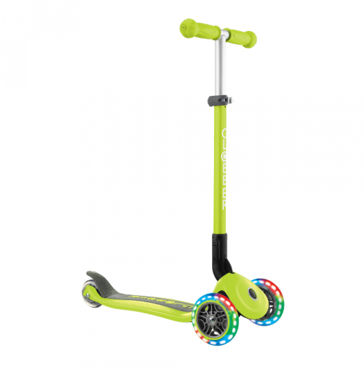 Globber Primo Foldable Lights 3 Wheel Scooter LIME GREEN / KHAKI