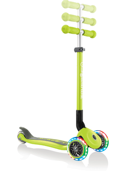 Globber Primo Foldable Lights 3 Wheel Scooter LIME GREEN / KHAKI