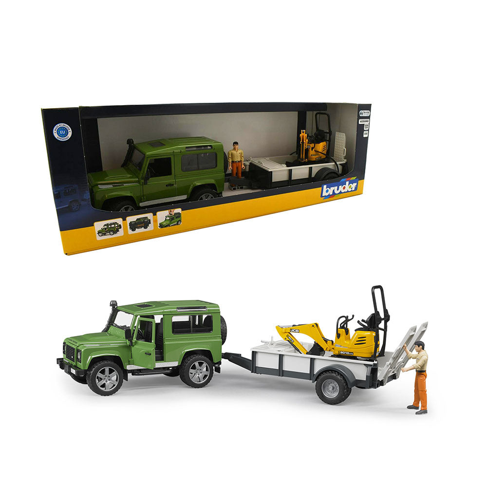 Bruder 02593 1/16 Land Rover Defender W/1 Axle Trailer JCB Micro Excavator