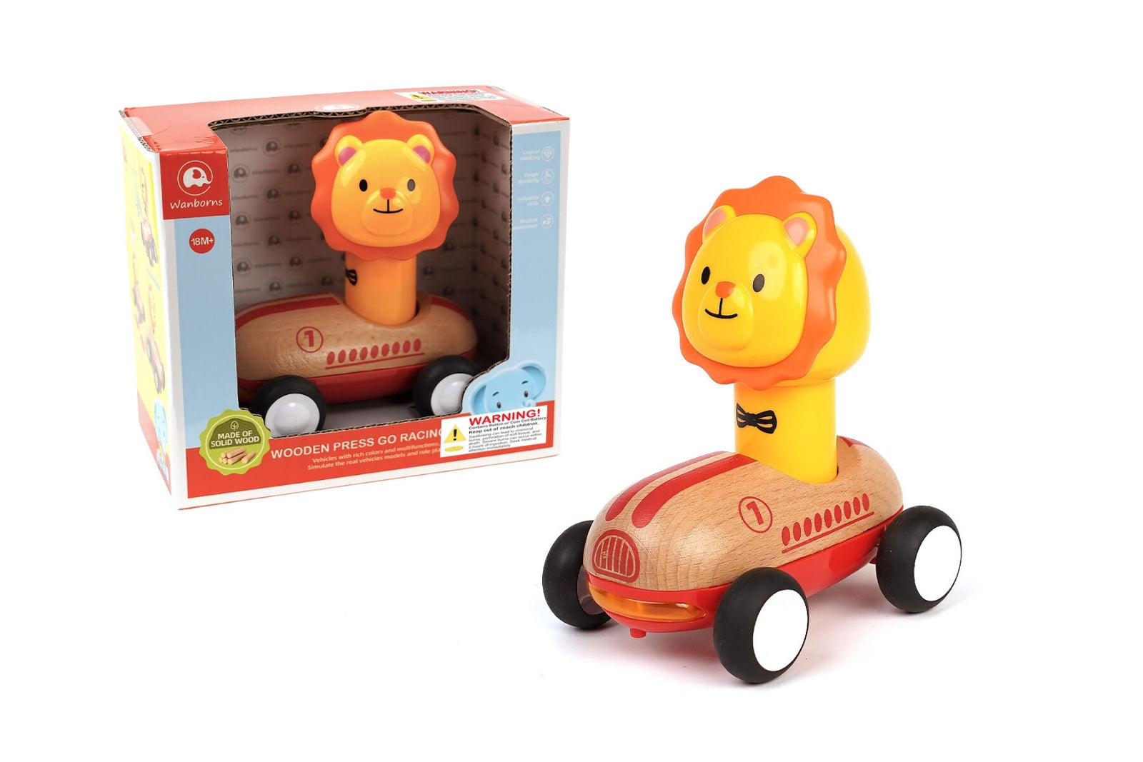 Wanborns Wooden Press Go Racer with Sound and Light - Lion