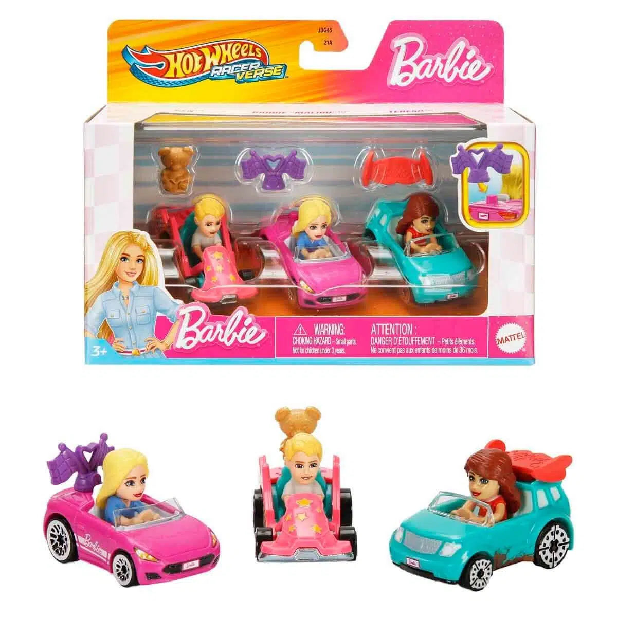 Hot Wheels RacerVerse Barbie 3 Pack Vehicles (Ken, Barbie, Theresa)