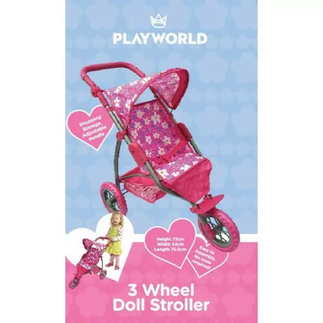 Playworld 3 Wheel Doll Jogger Stroller Pink with Flowers