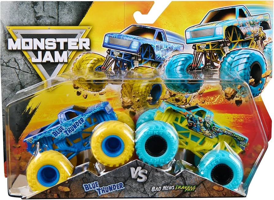 Monster Jam 1/64 2 Pack Vehicles Blue Thunder VS Bad News Travels Fast