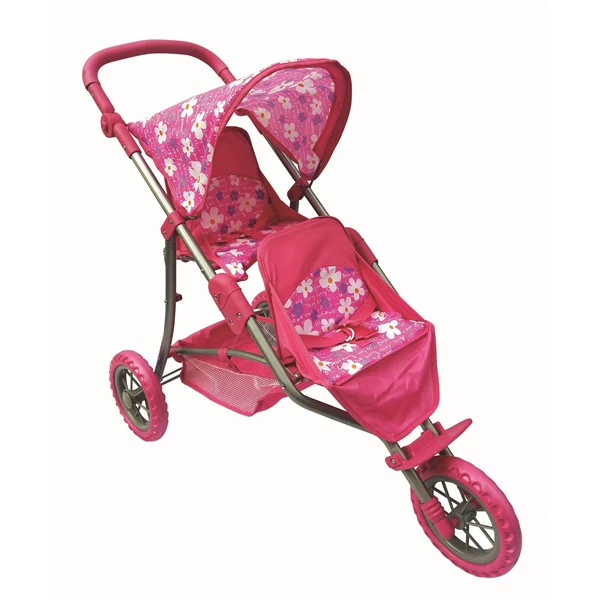 Playworld 3 Wheel Doll Jogger Stroller Pink with Flowers