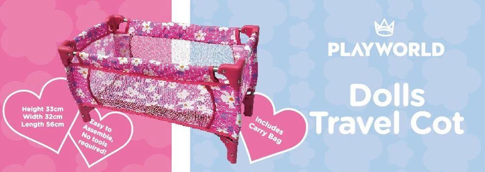 Playworld Dolls Travel Cot Pink with Flowers